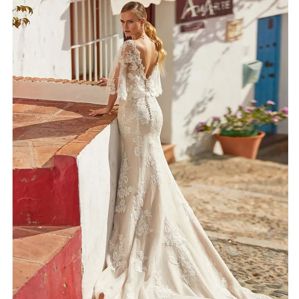 Robe De mariée sirène blanche Sexy, col en v, manches chauve-souris, avec des Appliques en dentelle, dos nu, avec traîne De balayage, été