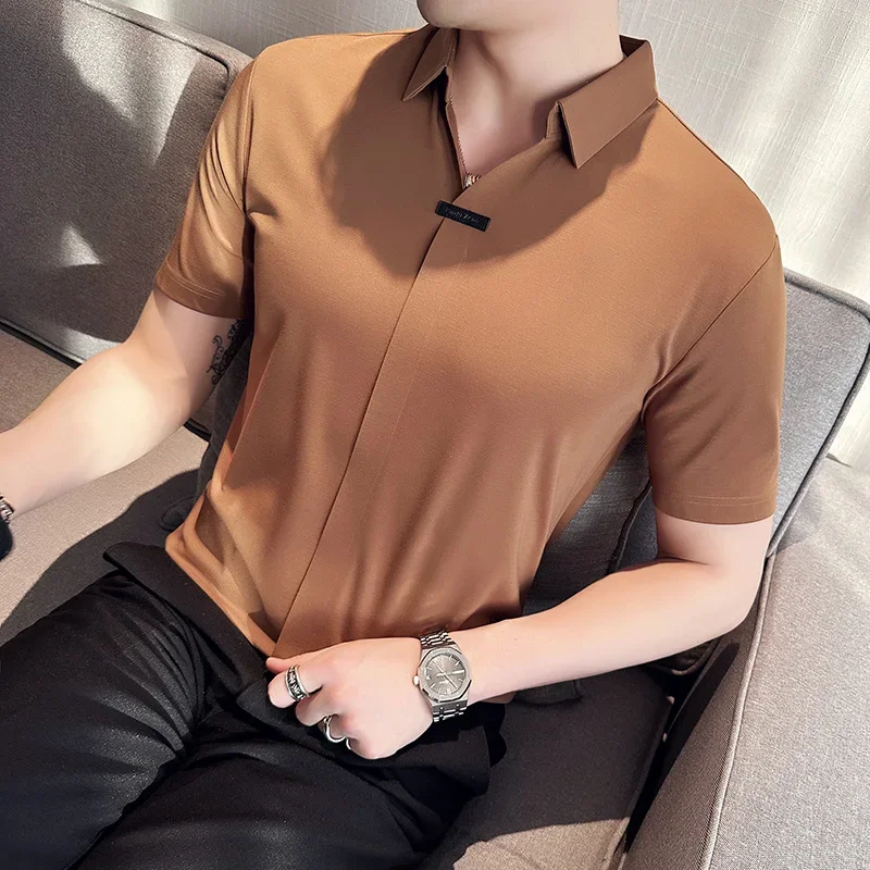 Elasticity Seamless Men Shirts Summer Short Sleeve Casual Slim Shirt Slim Business Social Dress Shirts Party Tuxedo Blouse 2023