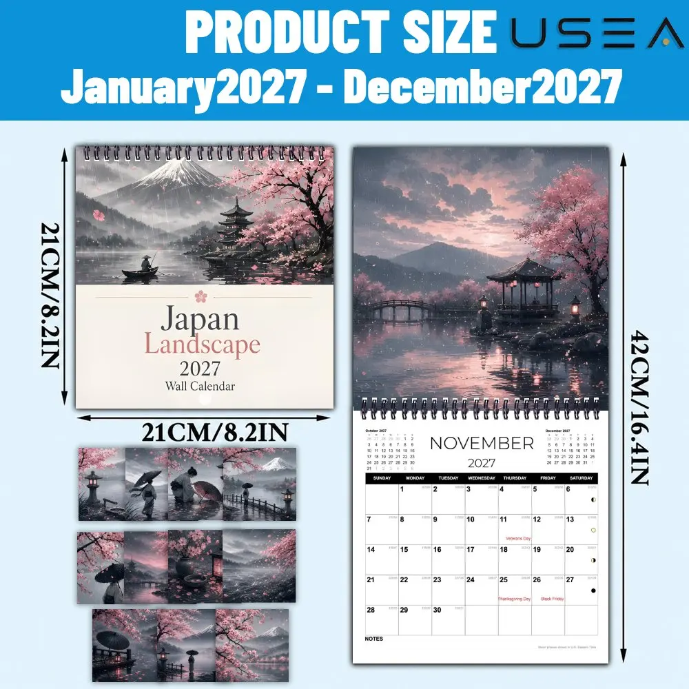 2027 Japanese Cherry Blossom Landscape Wall Calendar, Moon Phases, US Holidays, Home Office Decor, Ideal Xmas/New Year Gift