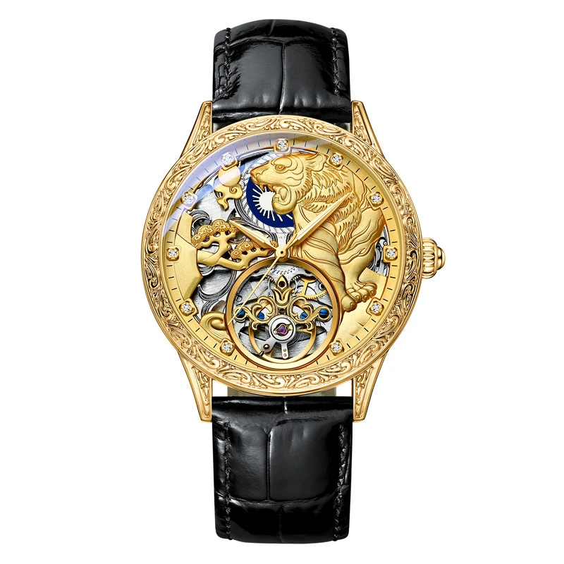 

Luxury Leather Gold tiger Skeleton Automatic Mechanical Watches For Men Wrist Watch Stainless Steel Strap Gold Clock Waterproof
