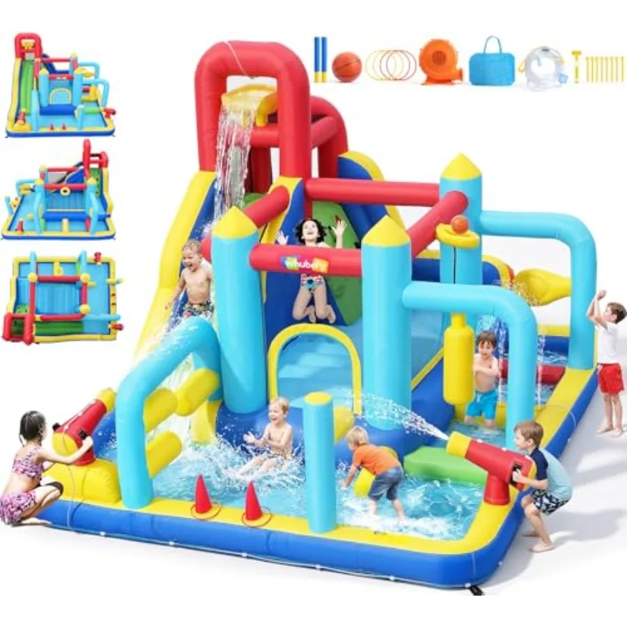 

Надувной батут-аквапарк 16-в-1 для двора, 13x11x7.4 футов, большой надувной водный комплекс с препятствиями, с ведром для воды и водными пистолетами