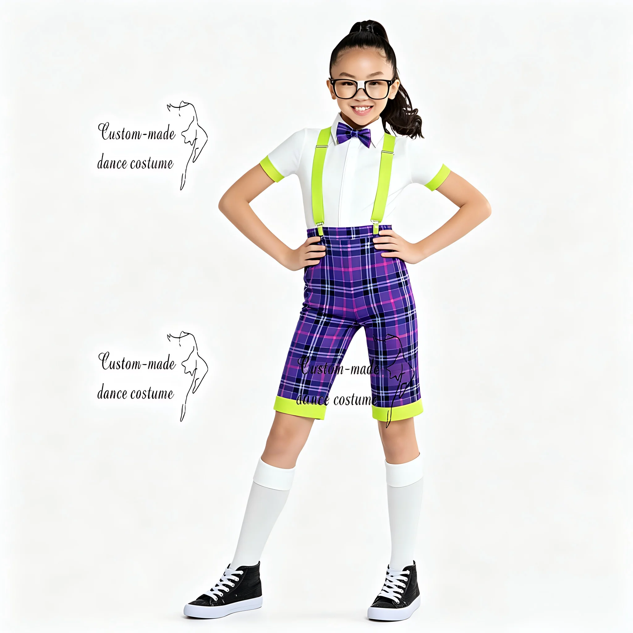 

Custom Purple Plaid Hip Hop Costume for Girls, Suspender Shorts with Neon Green Accents, Preppy Style Stage Outfit for Jazz and