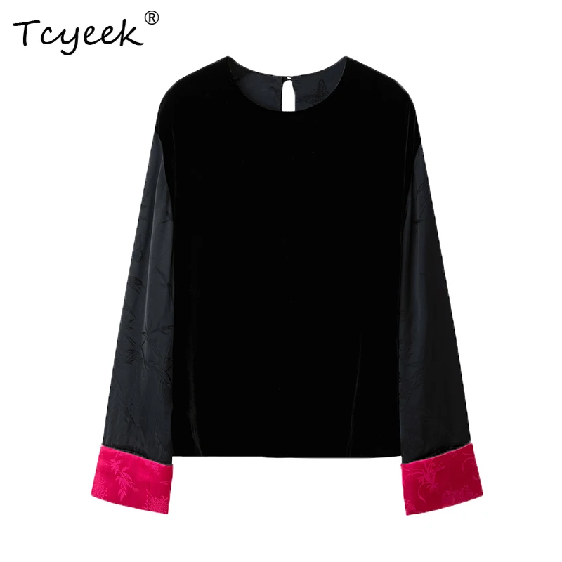 

Tcyeek, элегантные рубашки из натурального шелка и бархата 20%, женские лоскутные рубашки с длинными рукавами, блузки с китайским орнаментом, осенняя новинка T48341QM