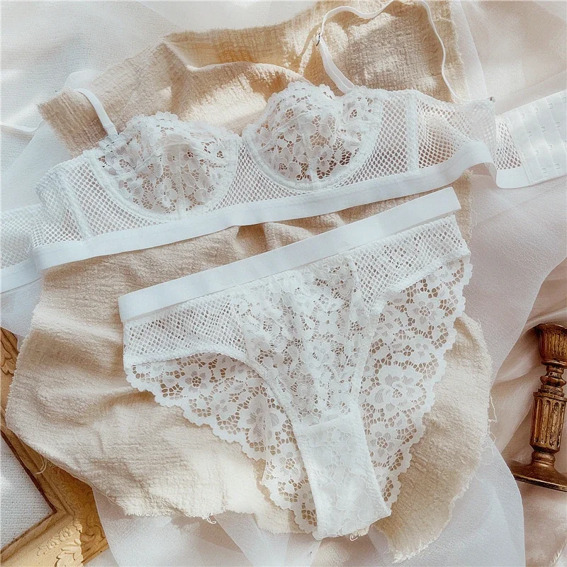 Ultra-thin transparent lace soft bra half cup with steel ring top support strapless invisible mid-waist panties underwear set