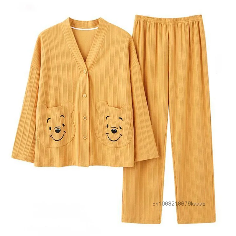 Disney Winnie The Pooh Sleepwear Women\'s Spring Autumn Long Sleeve Cardigan Set Japanese Style Sweet Soft Girl Home Clothes Suit