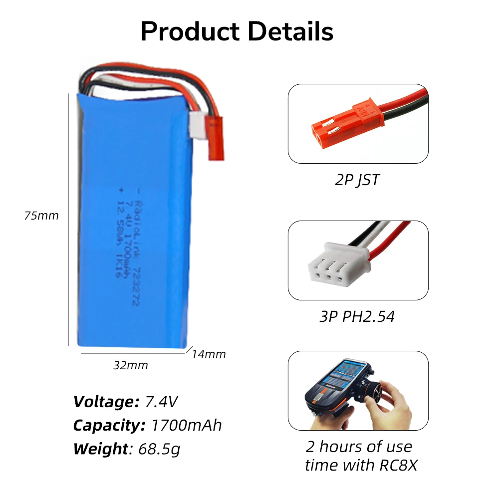 Radiolink 1700mAH 2S Battery for Transmitters RC8X & FULLYMAX 7.4V 2S 600mAh Lipo JST Connector for Radiolink A560 Fixed Wing