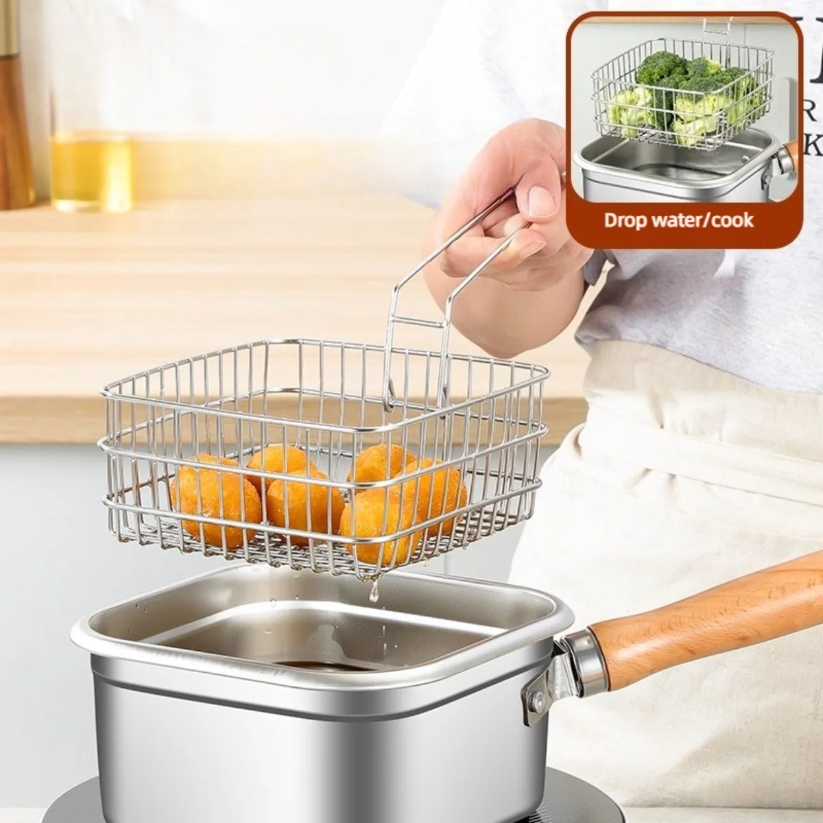 

Stainless Steel Deep Fryer with Basket Lid Oil Saving Frying Pot Even Heat Tempura Pan Kitchen French Fries Chicken Cooker SetXL