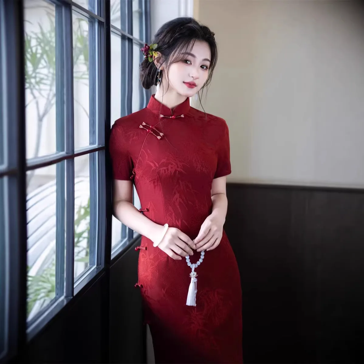 Vintage Style Long Cheongsam Jacquard Fabric Breathable Slim Fit Side  Button Qipao Chinese Traditional Dress for Girls SW-044
