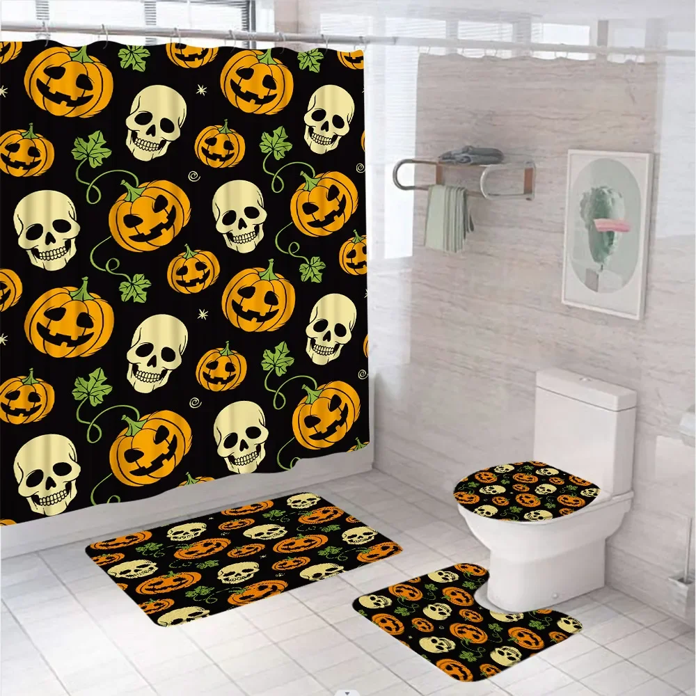 4Pcs Halloween Spooky Shower Curtain Set Black Cat Pumpkun Lantern Bat Gothic Castle Bathroom Toilet Lid Cover Non-Slip Rug Mats