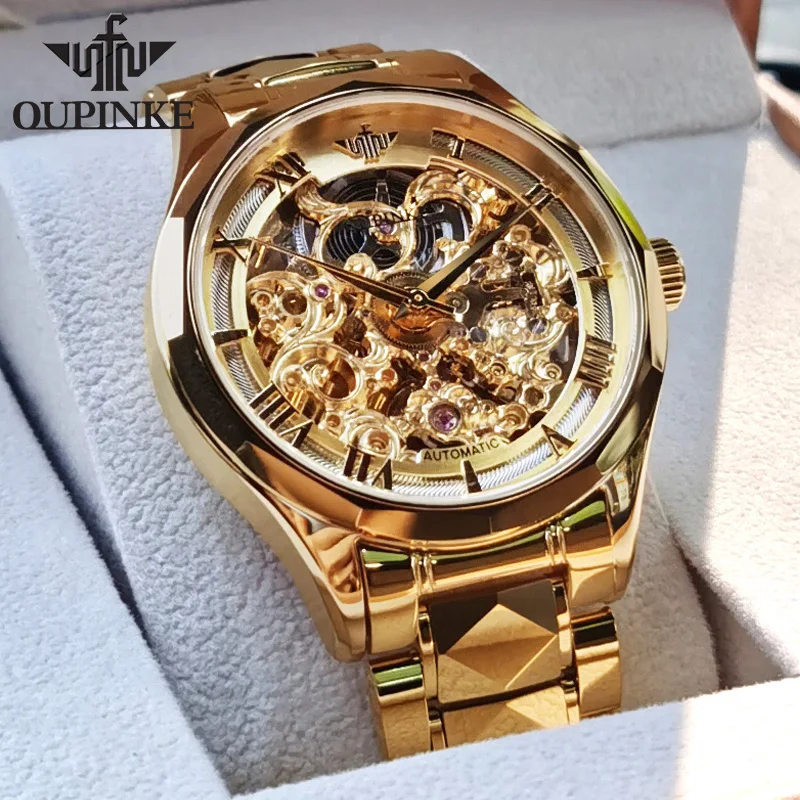 OUPINKE-Reloj de pulsera mecánico automático para hombre, cronógrafo de acero de tungsteno con espejo de zafiro, marca superior de lujo, color dorado