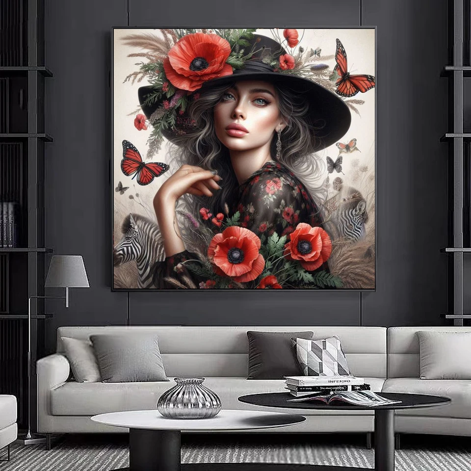 5D DIY Diamond Painting New Woman Wearing Flower Hat Full Drill Diamond Mosaic Embroidery Art Cross Stitch Home Decoration