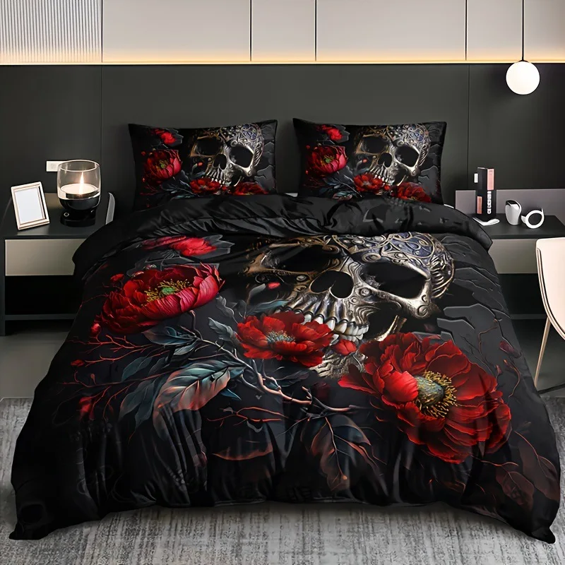 Gothic Skull Duvet Cover Set Queen Size, Black And White Skull Bedding Set For Boys Teens Men, Retro Floral Comforter Covers Set