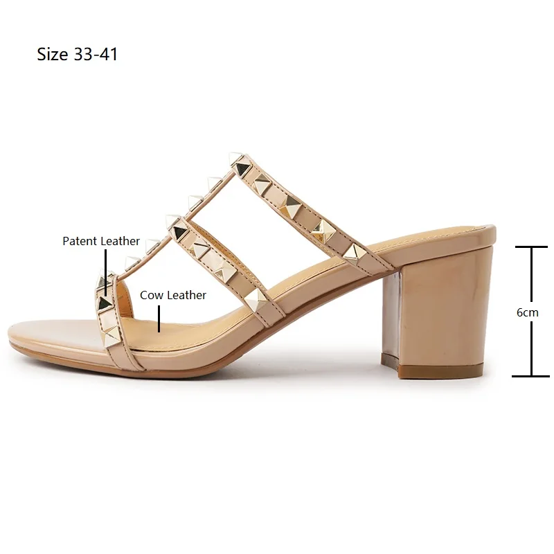 Insicre 2023 Fashion Women Sandals Rivets Patent Leather Thick High Heels Summer Shoes Round Toe Size 41 Slipper