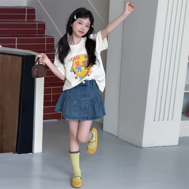 

Children Clothes Summer 2026 Girls Sweet Cute Cartoon Print Short Sleeve T Shirt and Denim Mini Skirt 110-170cm 15-50kg