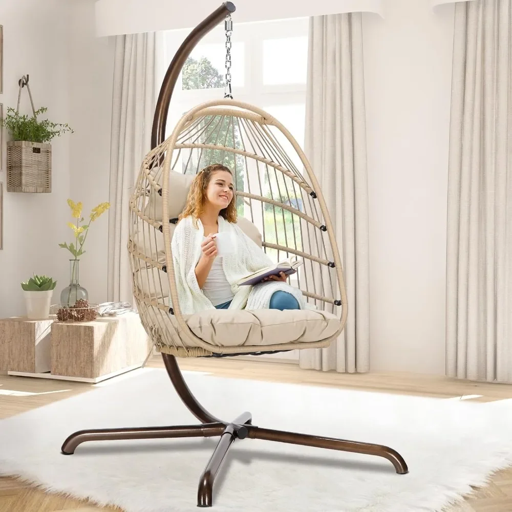 

Hanging Swing Chair Outdoor with Stand, Comfortable Heavy-Duty Wicker Patio Egg Chair with Thick Cushion