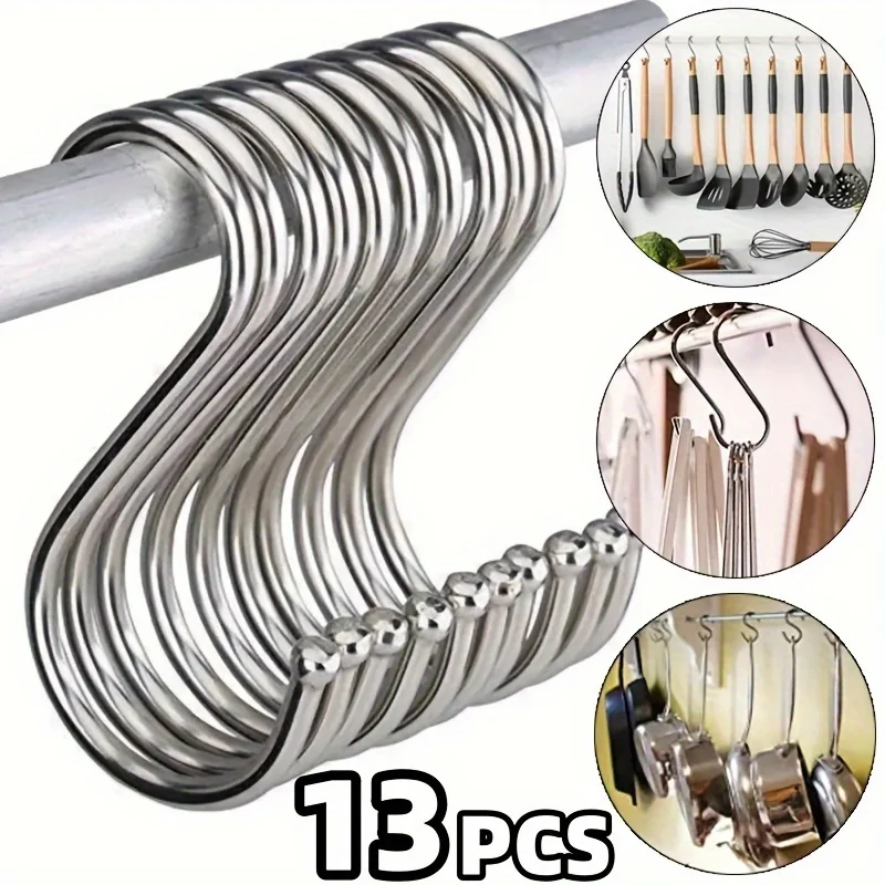 5/13pcs Stainless Steel S-Hook Set - Versatile Metal Hooks for Kitchen, Bathroom, Garage & Garden | Chic Wardrobe Organizer