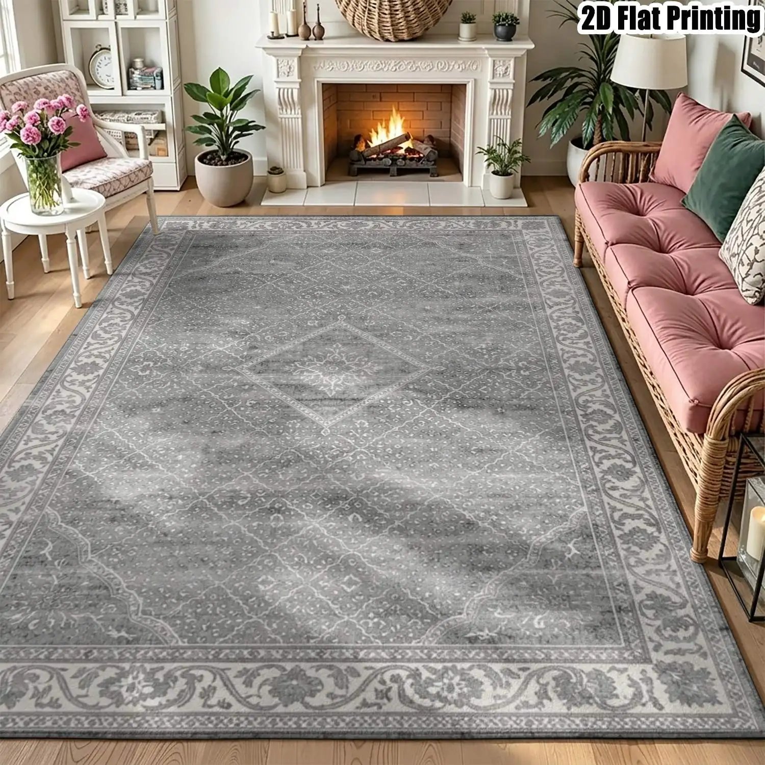 1Pc 2D Printed Retro Gray Geometric Pattern Carpet, European & Modern Simple Style, Multi-Size, Machine Washable, Suitable for Entrance, Dining Room, Foyer, Living Room, Bedroom Home Decoration