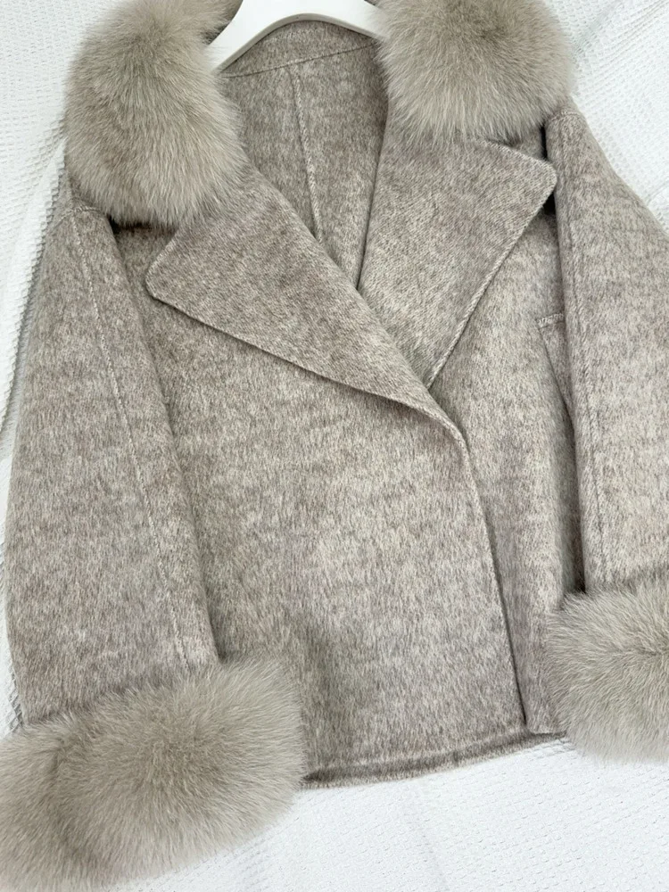 UCXQ Elegant Fashion Jacket Korean Style Fox Fur Collar Button All Match Double-sided Woolen Coat Women 2024 Autumn Winter C1993