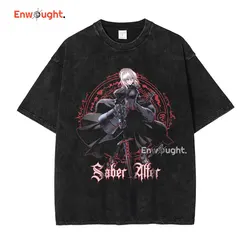 Saber T Shirt Anime Fate Rin Oversized Vintage Washed T-shirts Streetwear Retro Manga DTG Printing Tops Tees Men 100% Cotton