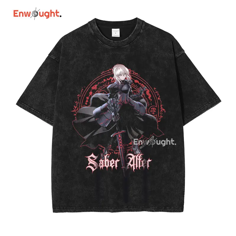 Saber T Shirt Anime Fate Rin Oversized Vintage Washed T-shirts Streetwear Retro Manga DTG Printing Tops Tees Men 100% Cotton