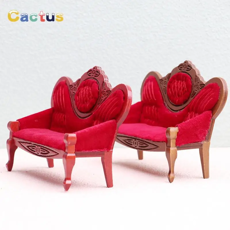 1:12 Dollhouse Miniature Sofa Red Retro Armchair Wooden Patch Sofa Model Living Room Furniture Decor Toy