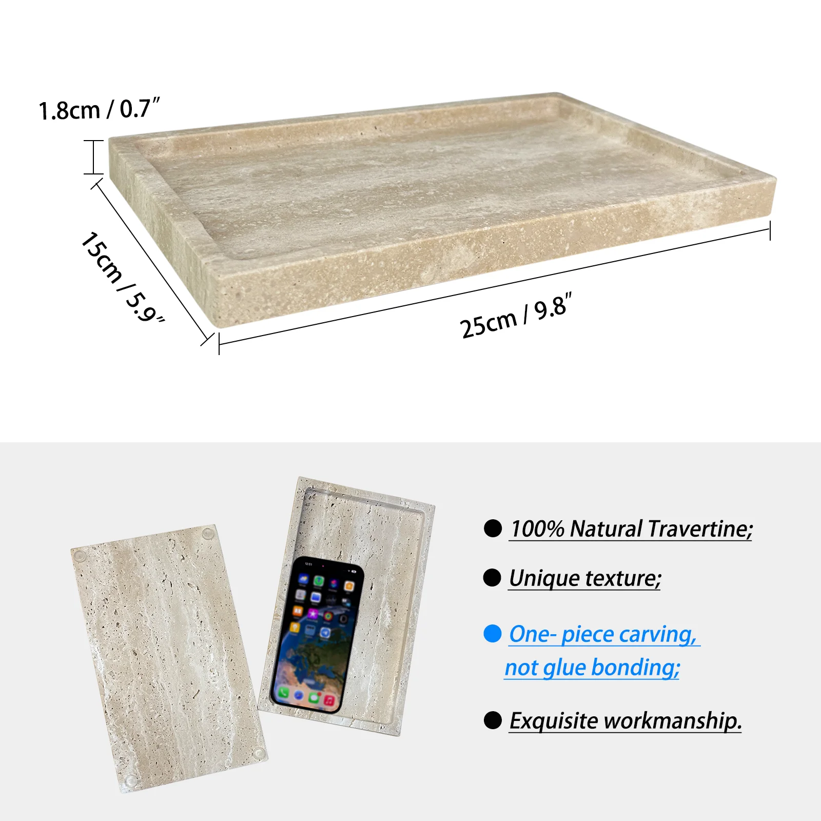 Vassoio in travertino naturale vassoio da toeletta in marmo per bagno/cucina/comò (travertino Beige, 10 "x 6")