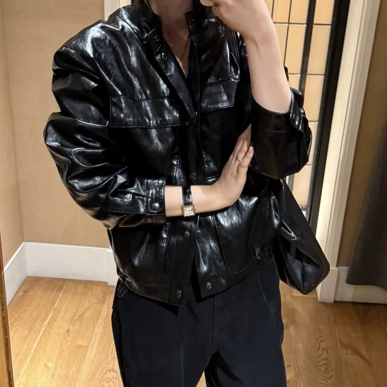 레트로 루즈 블랙 가죽 재킷 스탠드 칼라 코트 우아한 분위기 여성 패션 얇은 소재 가을 시즌 무브랜드
