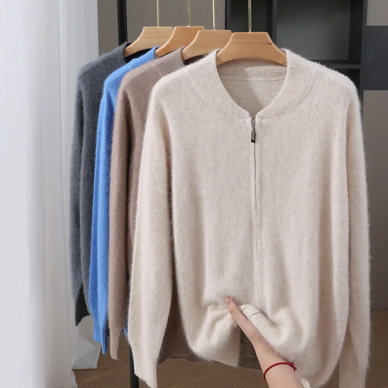 

MVLYFLRT Men's 100% Mink Cashmere Knitted Cardigan Sweater with Baseball Collar Zipper Closure Luxury Comfortable Knitwear D183