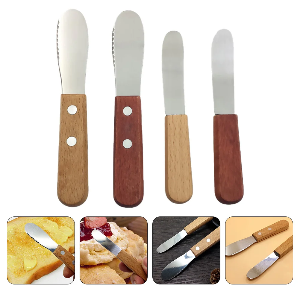 

4Pcs Butter Scrapers Stainless Steel Cheese Cutlery Wooden Handle Kitchen Tools Home Baking Jam Cutlery Practical