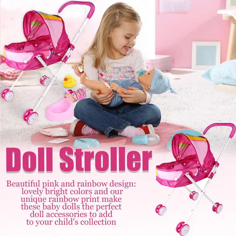 Puppenwagen für Kleinkinder, Kinder spielen Kinderwagen mit weichem Griff, Kinder spielen Kinderwagen, Puppenwagen mit verstellbarem Baldachin und