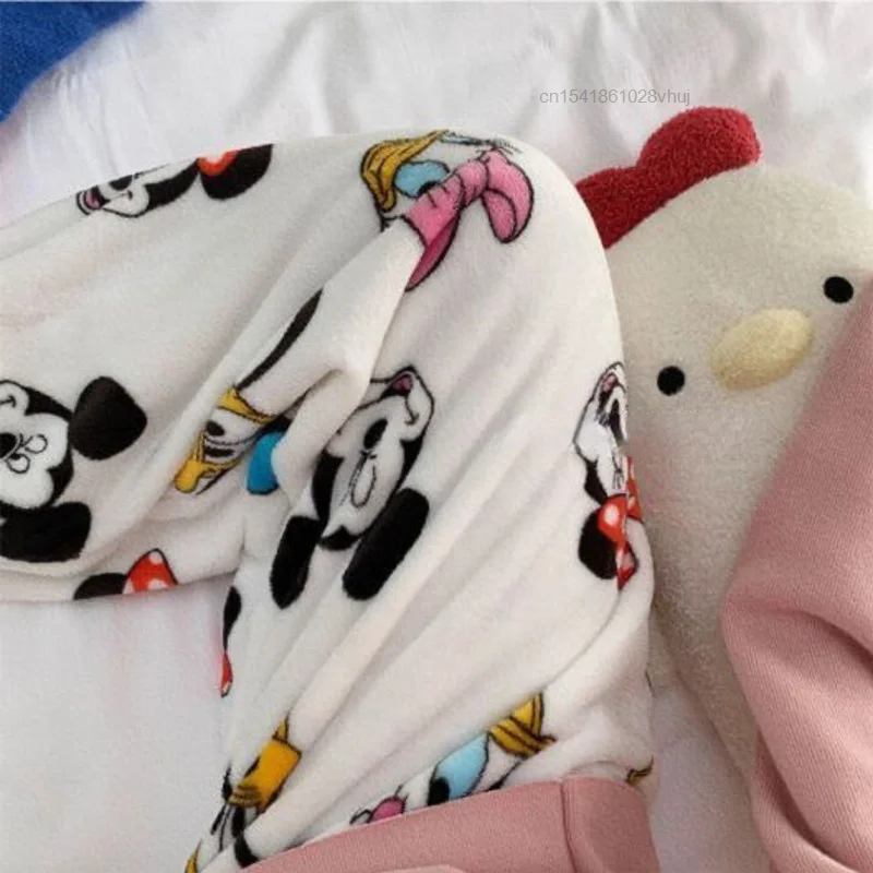 Disney mickey mouse novo estilo flanela pijamas calças brancas mulheres macias calças de pelúcia y2k roupas kawaii feminino casual em casa