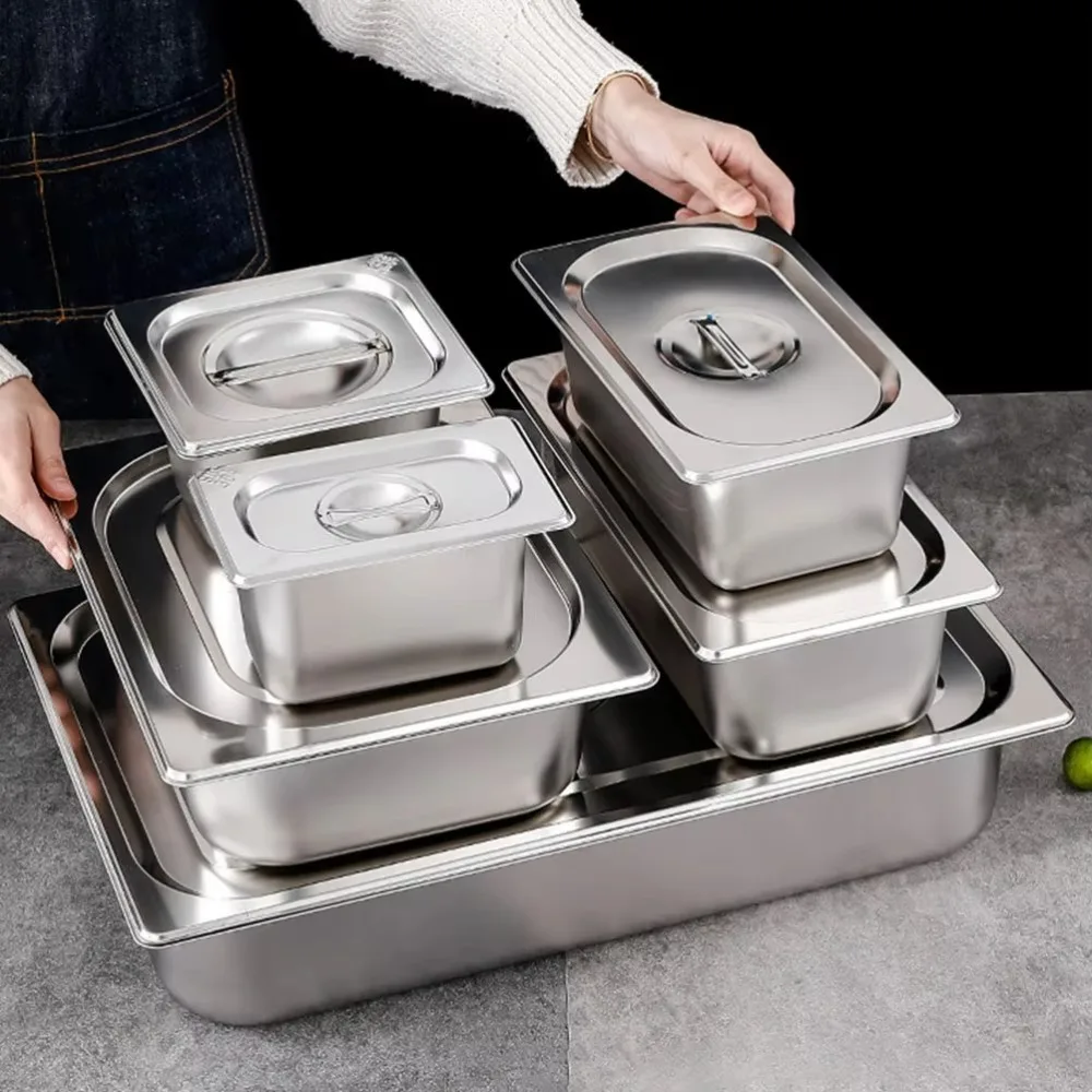 304 Stainless Steel 1/9 1/6 1/4 1/3 1/2 Food Pan Thickened Easy To Clean GN Pan with Lid Rectangular Tray Basin Chafing Buffet