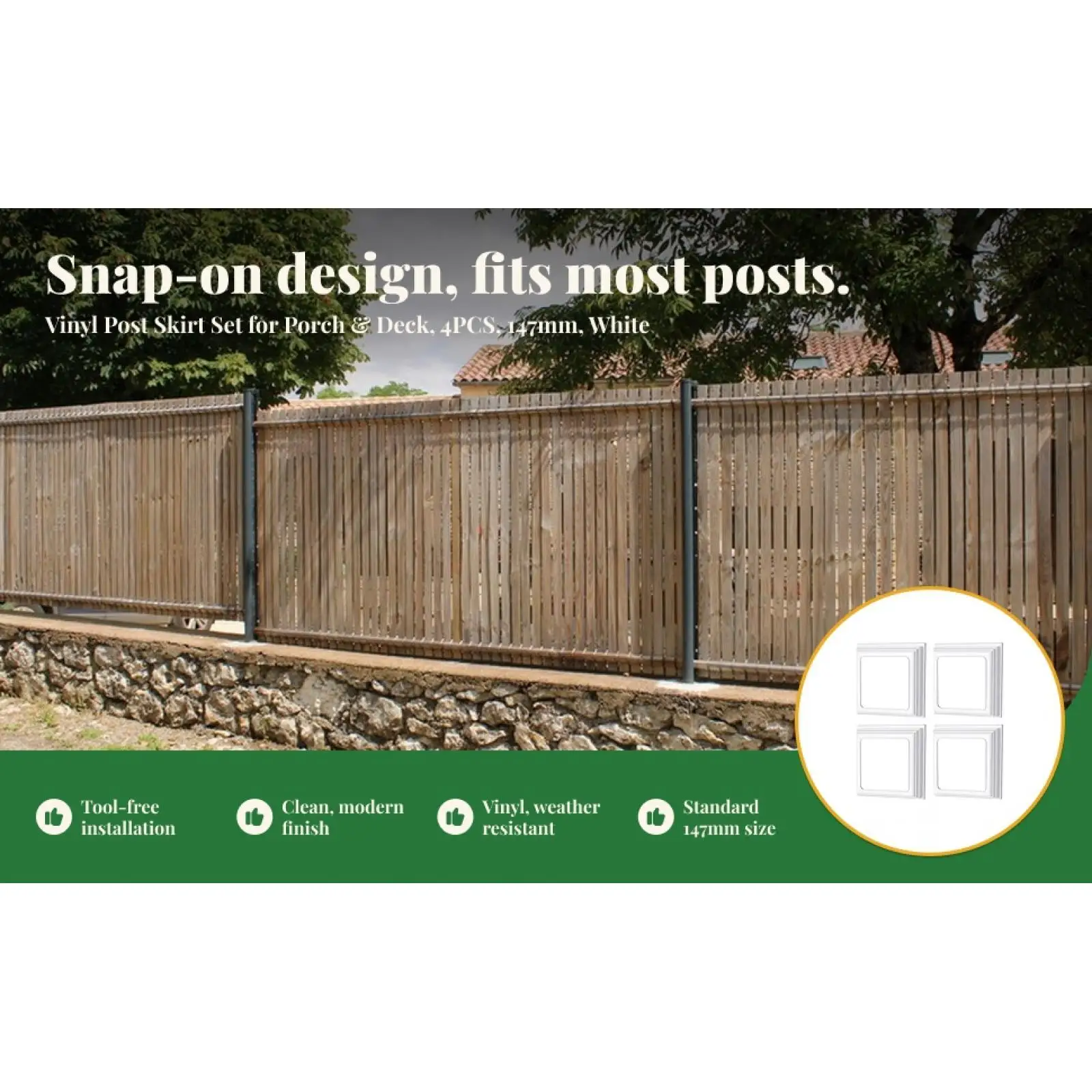 4 Pieces Vinyl Post Skirts for 4 inch x 4 inch Smooth Surface Waterproof Vinyl Fence Post Skirts for Patios Porch Fence Deck