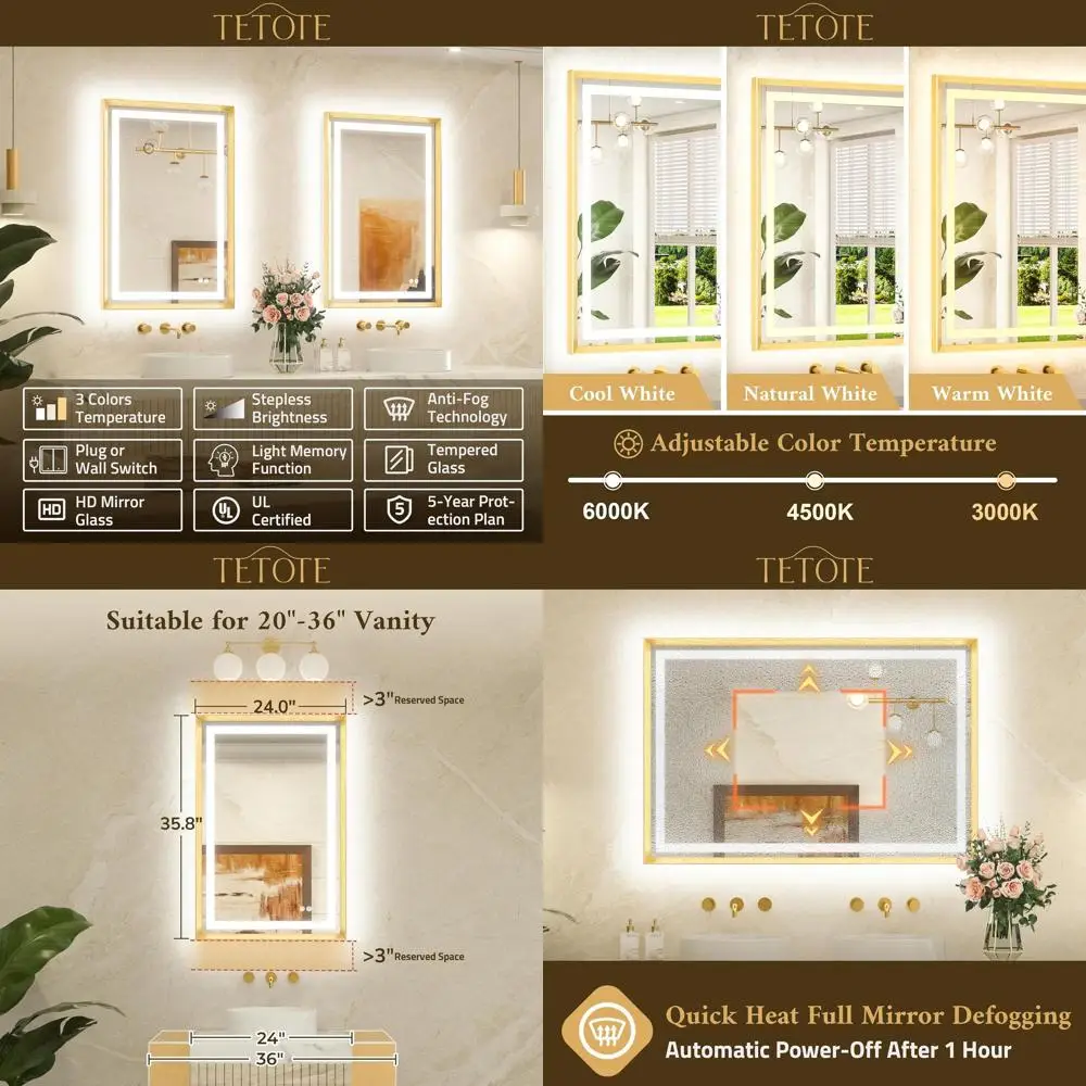 

Зеркало для ванной 24x36 дюймов с LED-подсветкой, матовое золото, с передней и задней подсветкой, защита от запотевания, регулируемая 3-цветная подсветка, настенное крепление