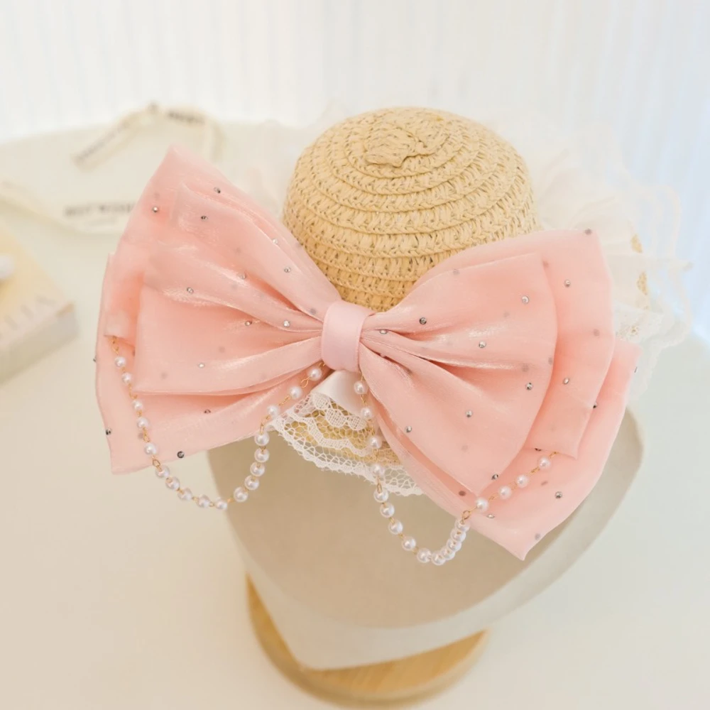 Sombrero de paja ajustable para gatos y perros pequeños con lazo perlas - imagen 2