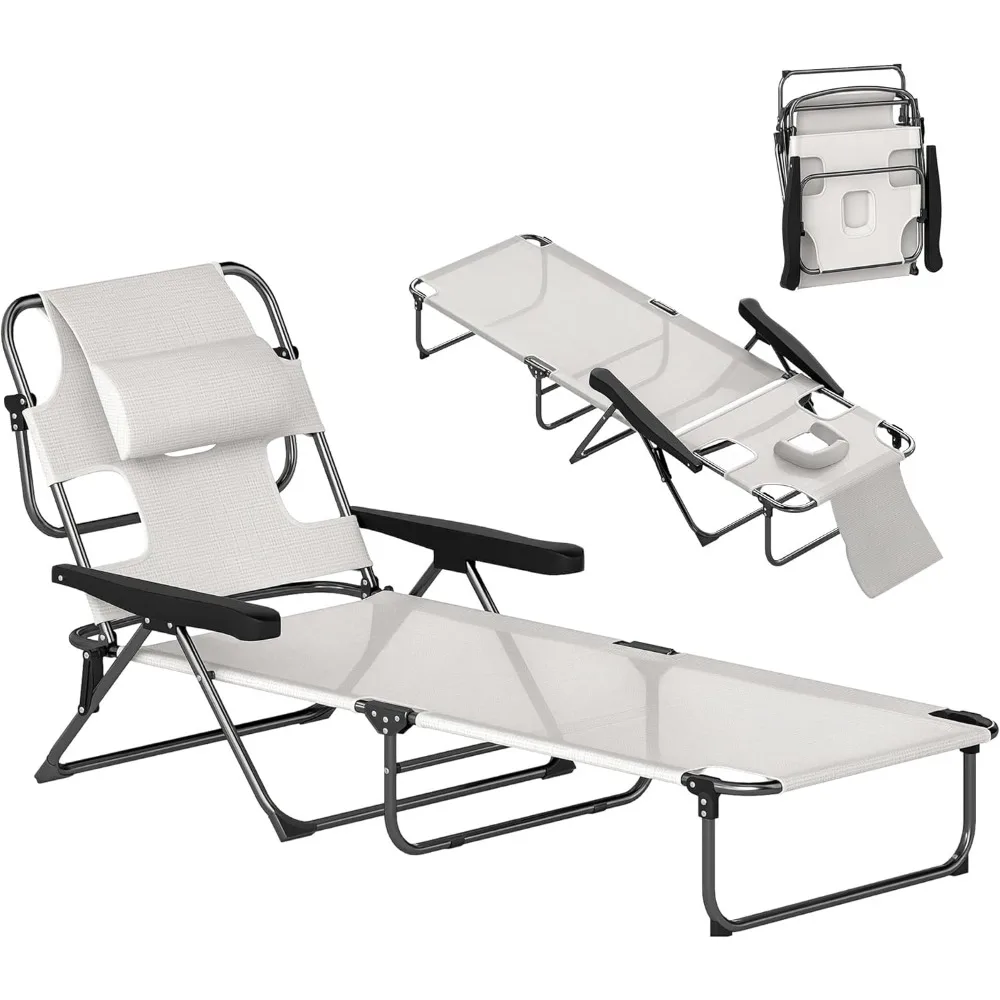 

Tanning Chaise Lounge Chair, 4-Position Beach Chair with Face & Arm Holes, Pillow headrest, Adjustable Sunbathing Chair