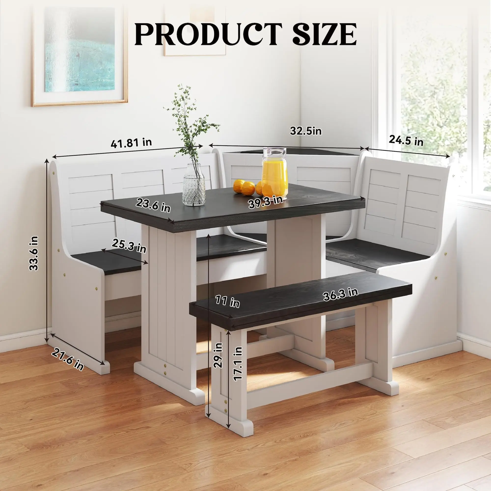 Breakfast Nook Corner Dining Table Kitchen Bench Chair Set, Space-Saving 3-5 People Seat Reversible L-Shape for Family