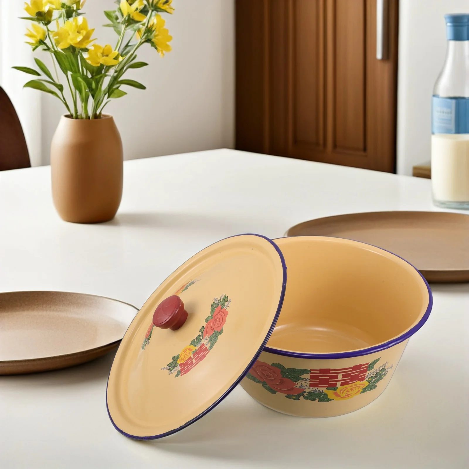 

Retro Enamel Bowl 23Cm Vintage Large Mixing Basin Sturdy Fruit Salad Pasta Bread Washing Soup Serving Bowl Yellow