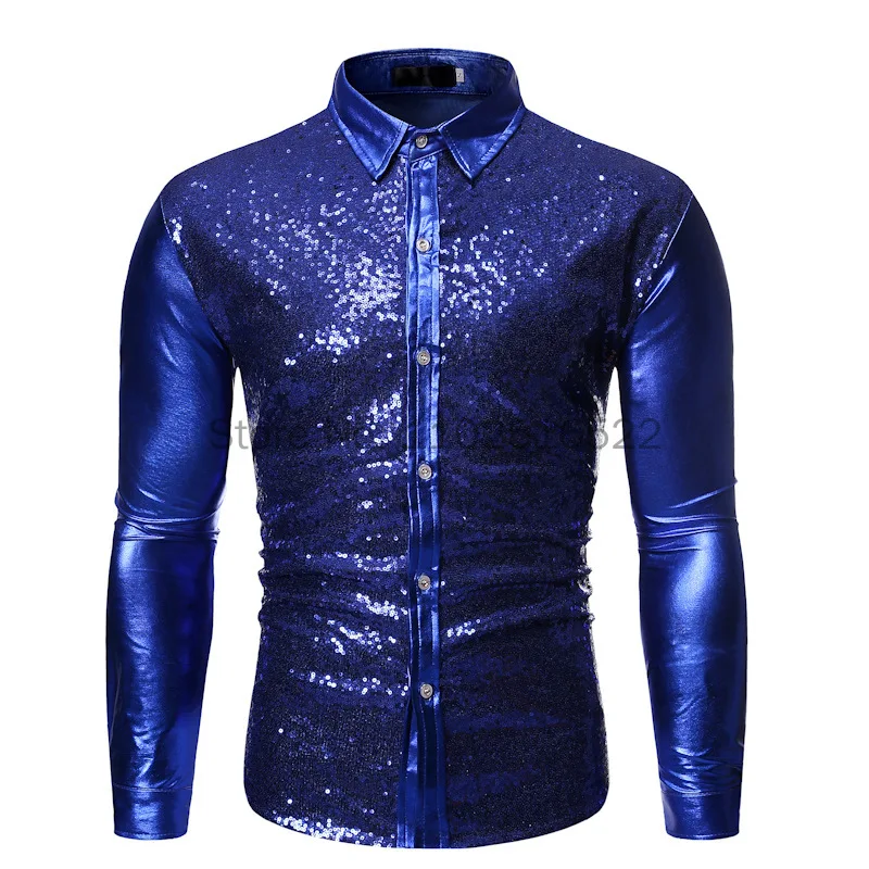 Men\'s Shiny Gold Sequin Nightclub Shirt 2023 Brand New Slim Fit Party Wedding Glitter Men Dress Shirt Stage Singer Prom Costume