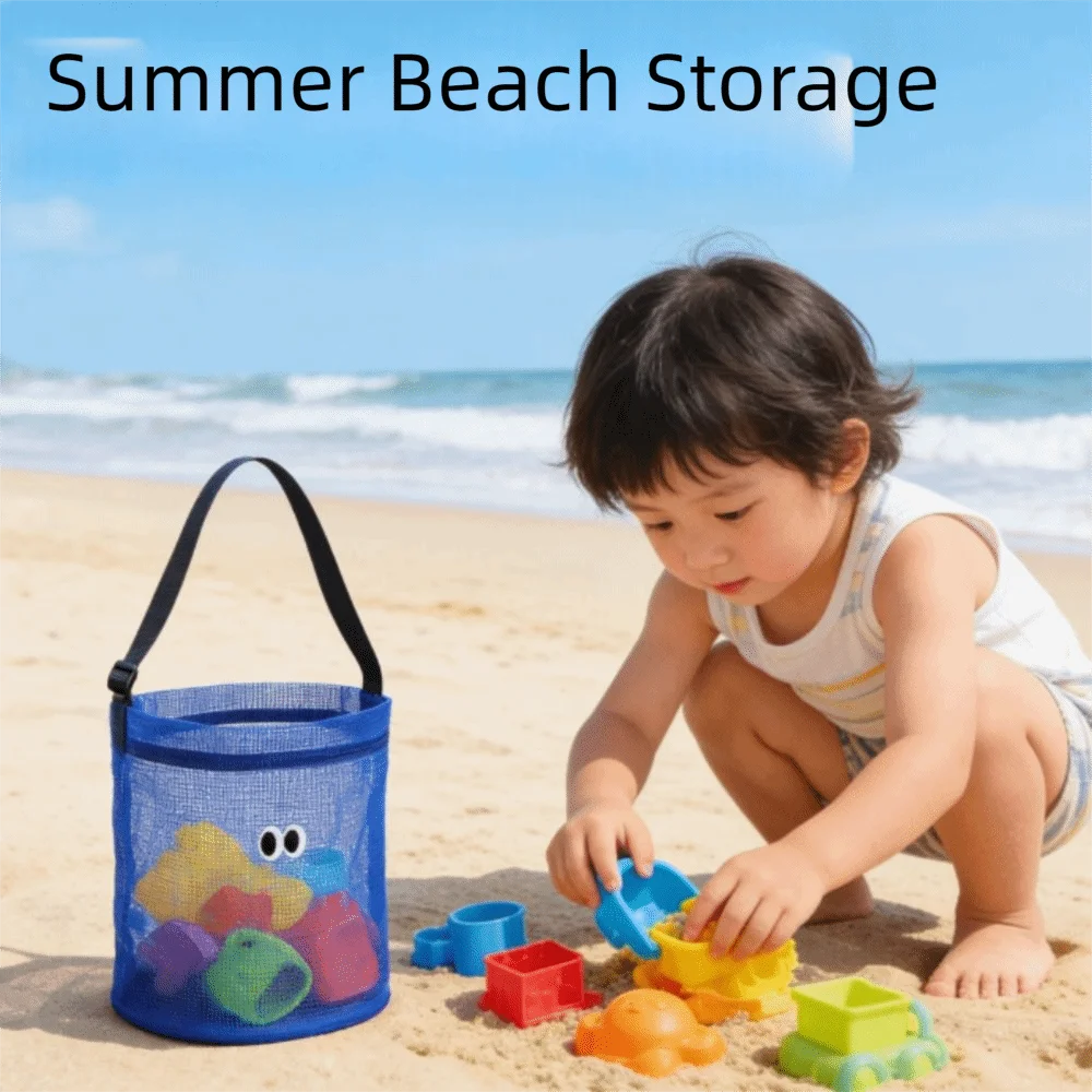 Foldable Shell Collecting Bag Mesh Structure Carry Strap Beach Toy Tote Round Base Embroidered Eyes Mesh Beach Bucket