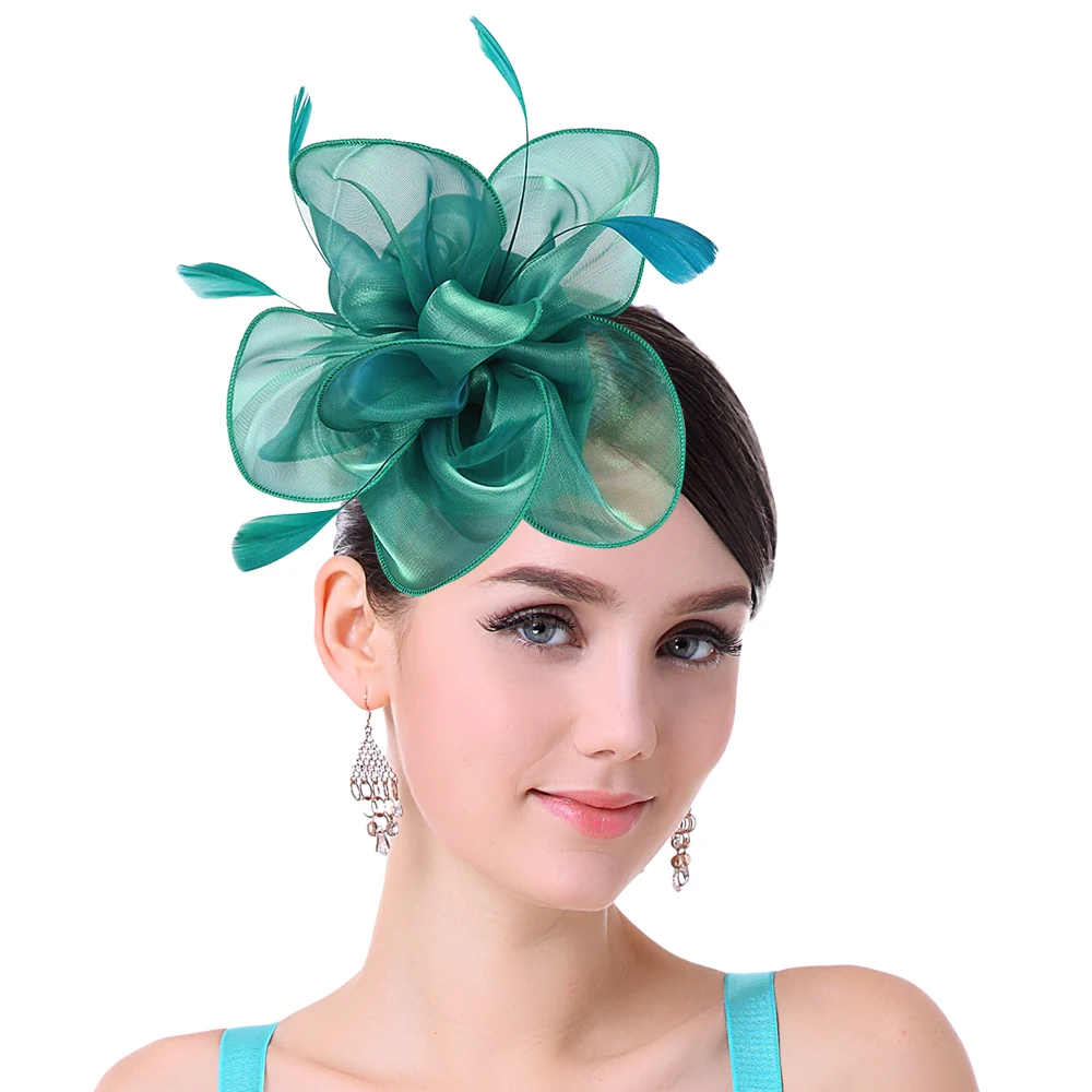 Women Organza Flower Vintage Feather Fascinators Hat Top Flower Headwear for Kentucky Derby Party Wedding Women Ladies