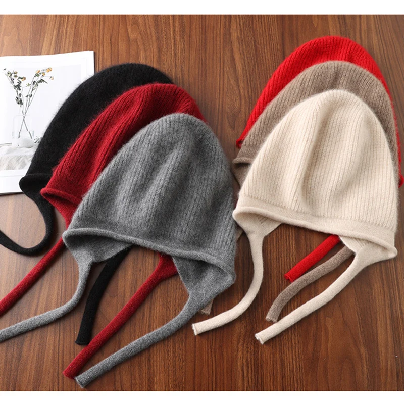 Adult warm Helmet Windproof Hat Ear Protection Winter Knit Beanies Solid Colors Wool Blend Cute Lovely Cap Beige Black Skullies