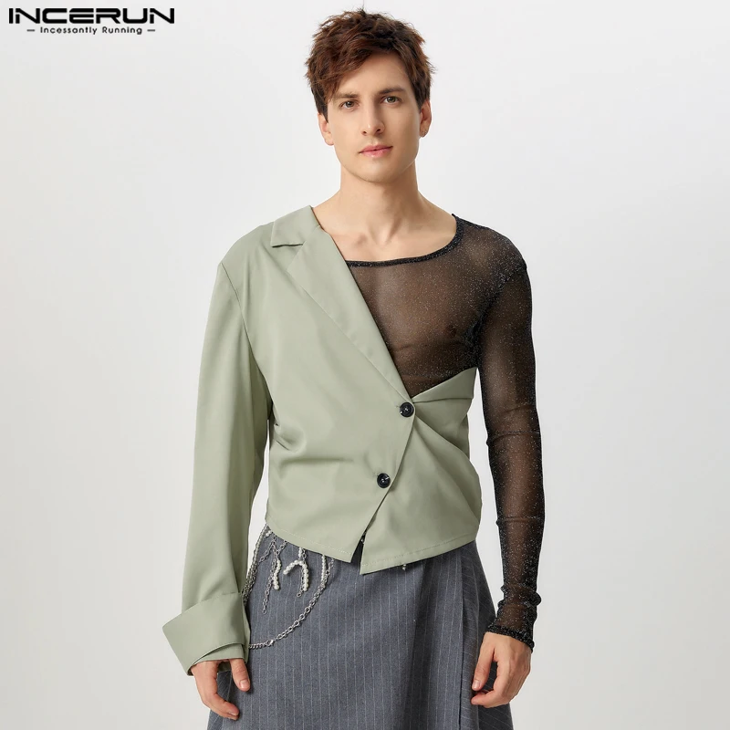 Fashion Sexy Style Tops 2024 INCERUN New Men One Shoulder Cropped Design Suit Coats Casual Personality Solid Long Sleeved Blazer