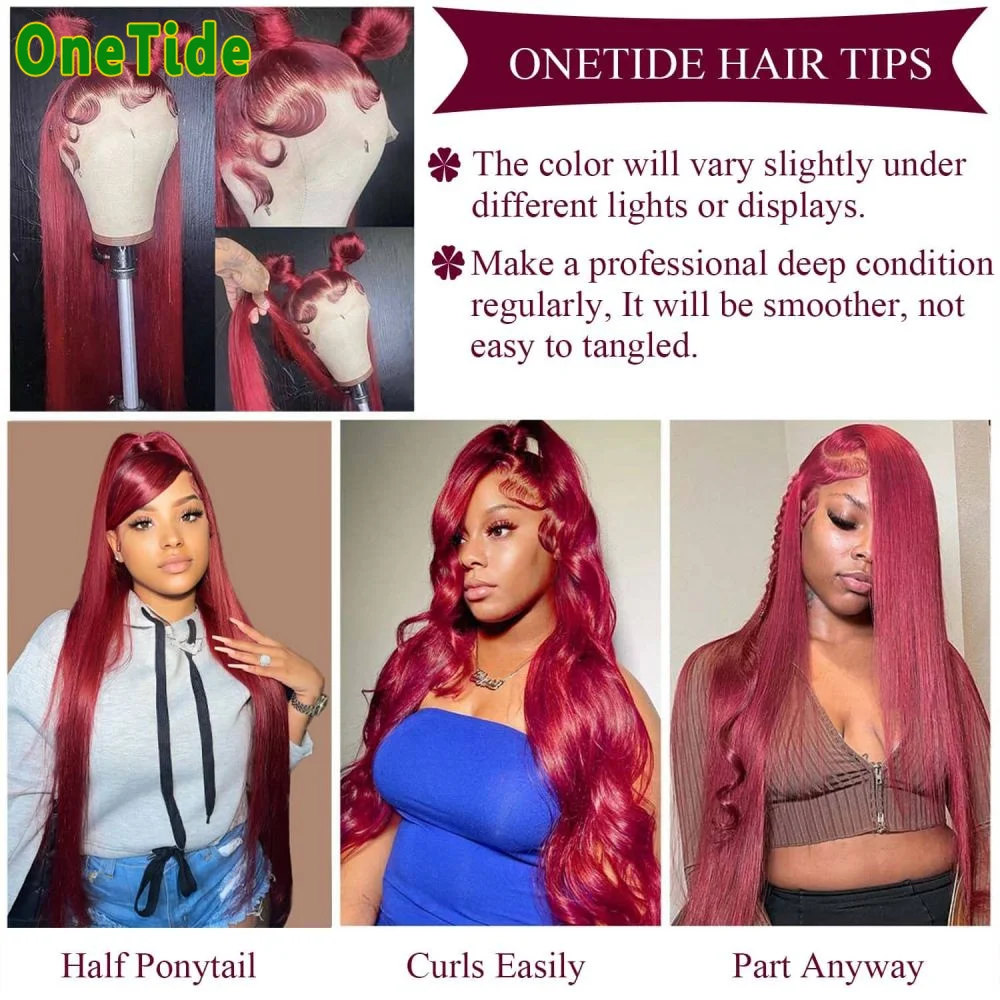 Burgundy 13x4 HD Lace Frontal Human Hair Wig Straight Red 13x6 Lace Front Human Hair Wigs For Women Pre Plucked 99J Colored Wig