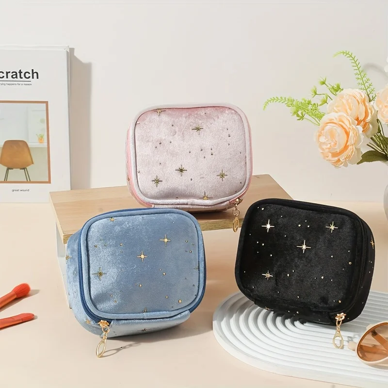 NEW 2026 Sparkling Star Velvet Makeup Bag, Large Capacity Multi-Use Pouch with Golden Zipper for Makeup Coins, 4 Colors