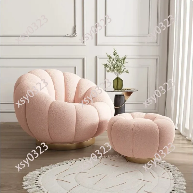 360° Swivel Pumpkin Lazy Sofa Sherpa Fabric Single Recliner Chair for Living Room Comfortable Rotating Seat with Footrest