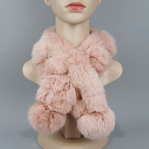 Imagen 2 del producto 2025 nueva bufanda rusa de piel de conejo auténtica para mujer, bufanda de piel de conejo auténtica cálida para invierno, bufandas de piel Natural con pompones esponjosos