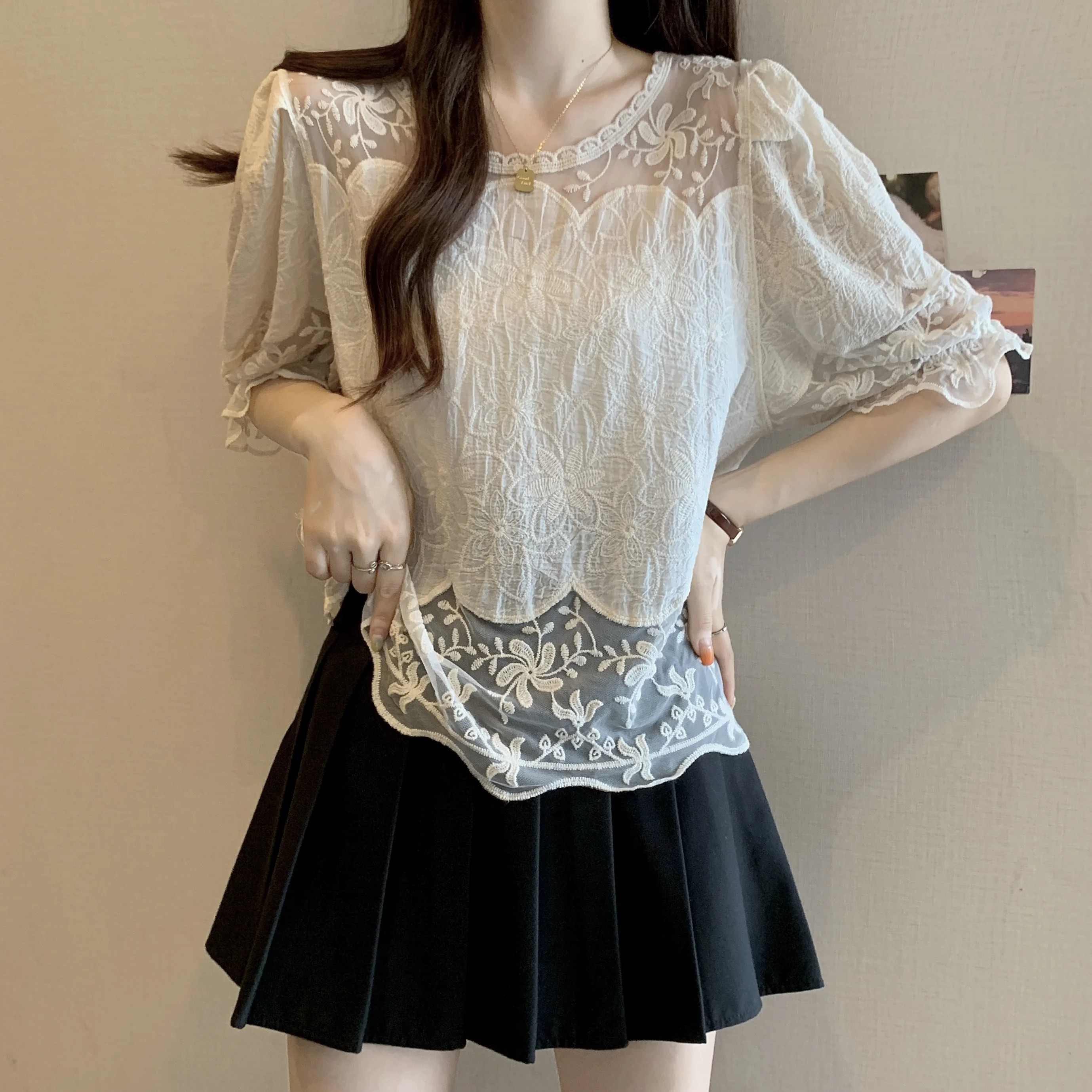 Sheer Floral Embroidery Lace Top Puff Sleeve Blouse for Women Spring Summer Korean Fashion Chic Outfit