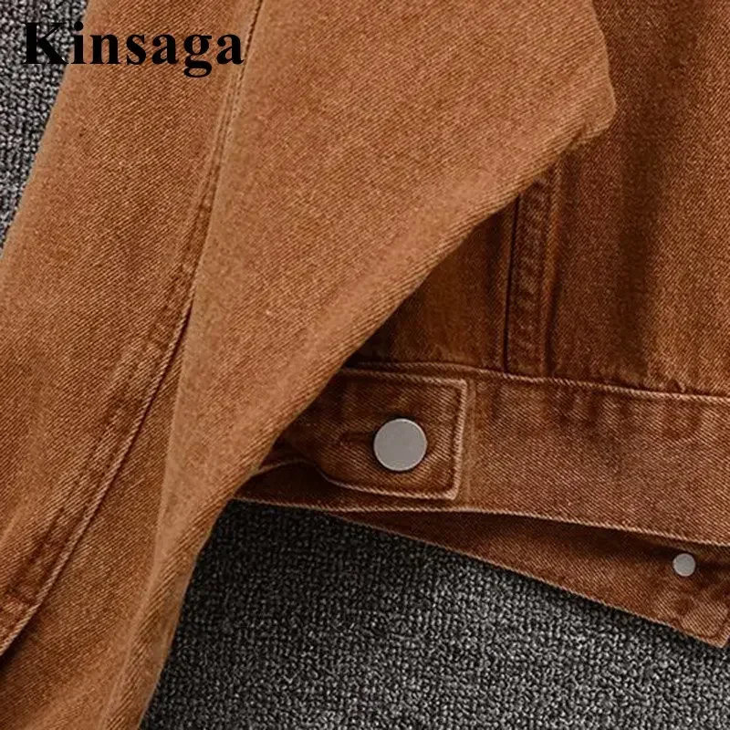 Women Street Harajuku Vintage Brown Short Denim Jackets Xl Spring Street Y2K Cropped Jeans Coats Outwear 90\'S Girls Jean Tops