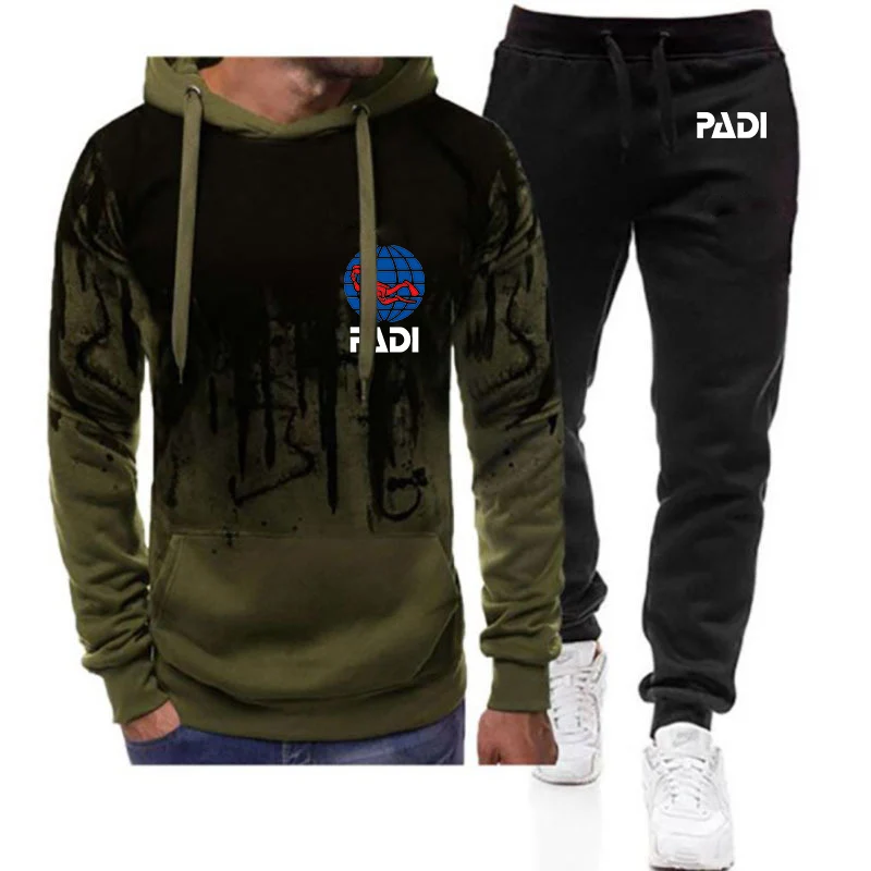 2024 Spring Autumn Men's Scuba Driver Padi Logo Print Fashion Gradient Color Hooded Hoodies+Casual Jogging Sweatpants Cotton Set